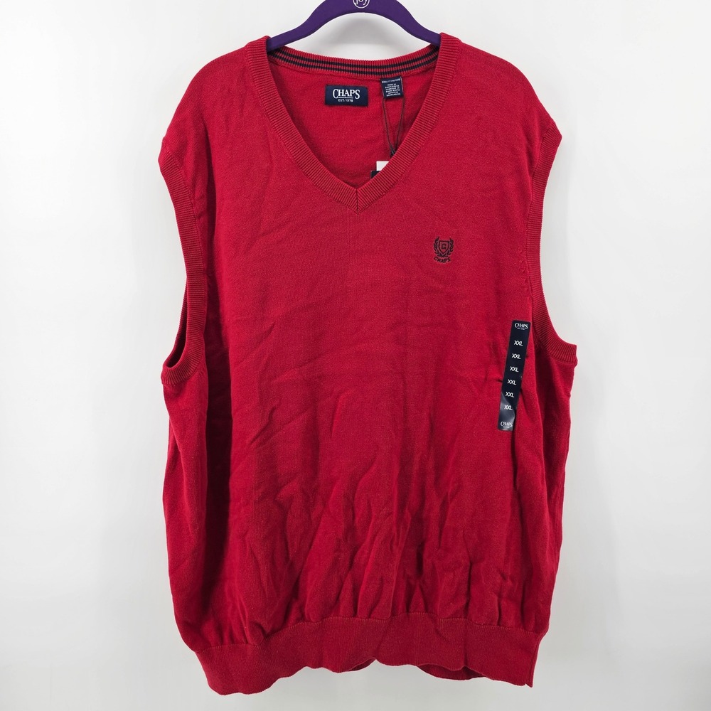 Chaps Sweater Vest Mens XXL Red V-Neck 100% Cotton Embroidered Logo NWT